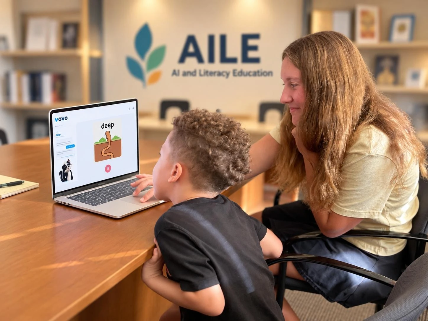 A child and a student researcher exploring vocabulary with Vovo in the AILE Lab